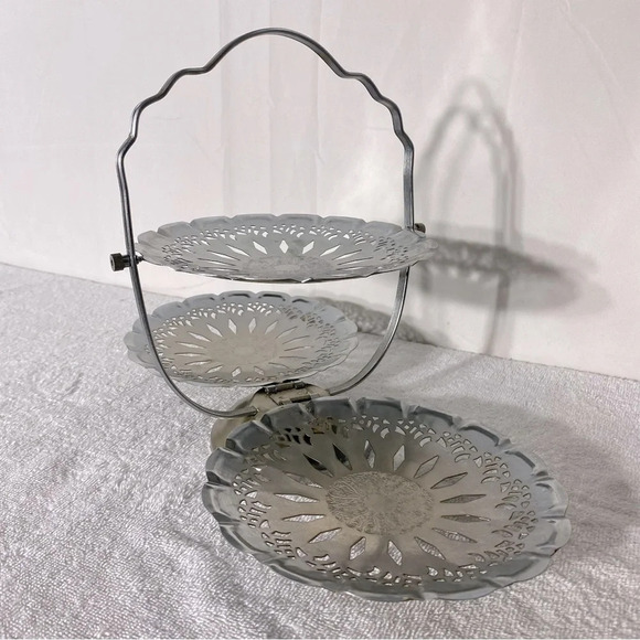 Vintage Silver Tone Three Tier Folding Dessert Sandwich  Serving Tray - Picture 5 of 16
